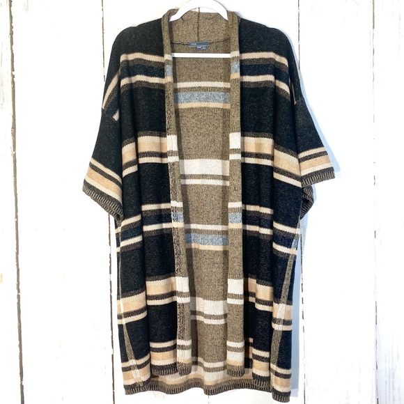 Vince Wool Cashmere Long Open Cardigan Sweater Size Small Black Tan Striped - Picture 7 of 13